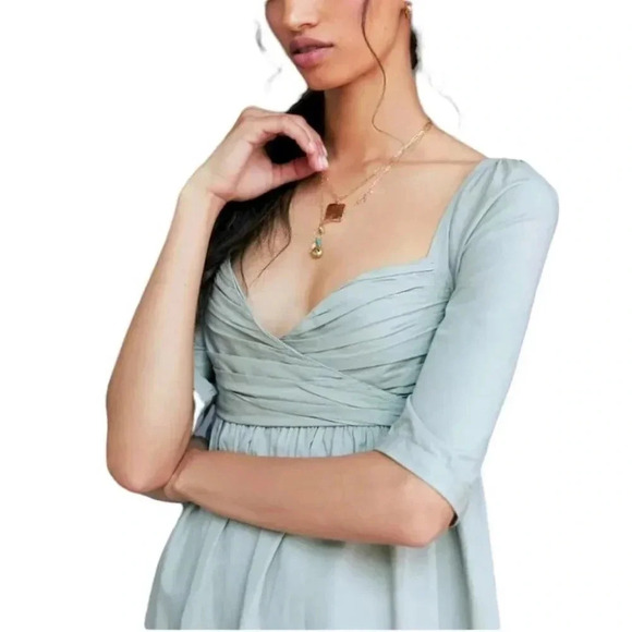 NWT Anthropologie Ruched Puff-Sleeved Babydoll Blue Cotton Mini Dress Size Small - Picture 2 of 3